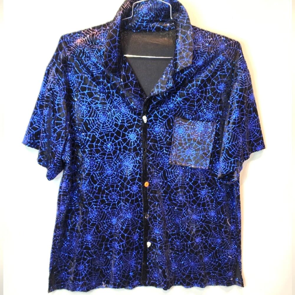 Blue Halloween Spider Web Shirt Button Down Velvet Spiderweb Design Size 2X‎
